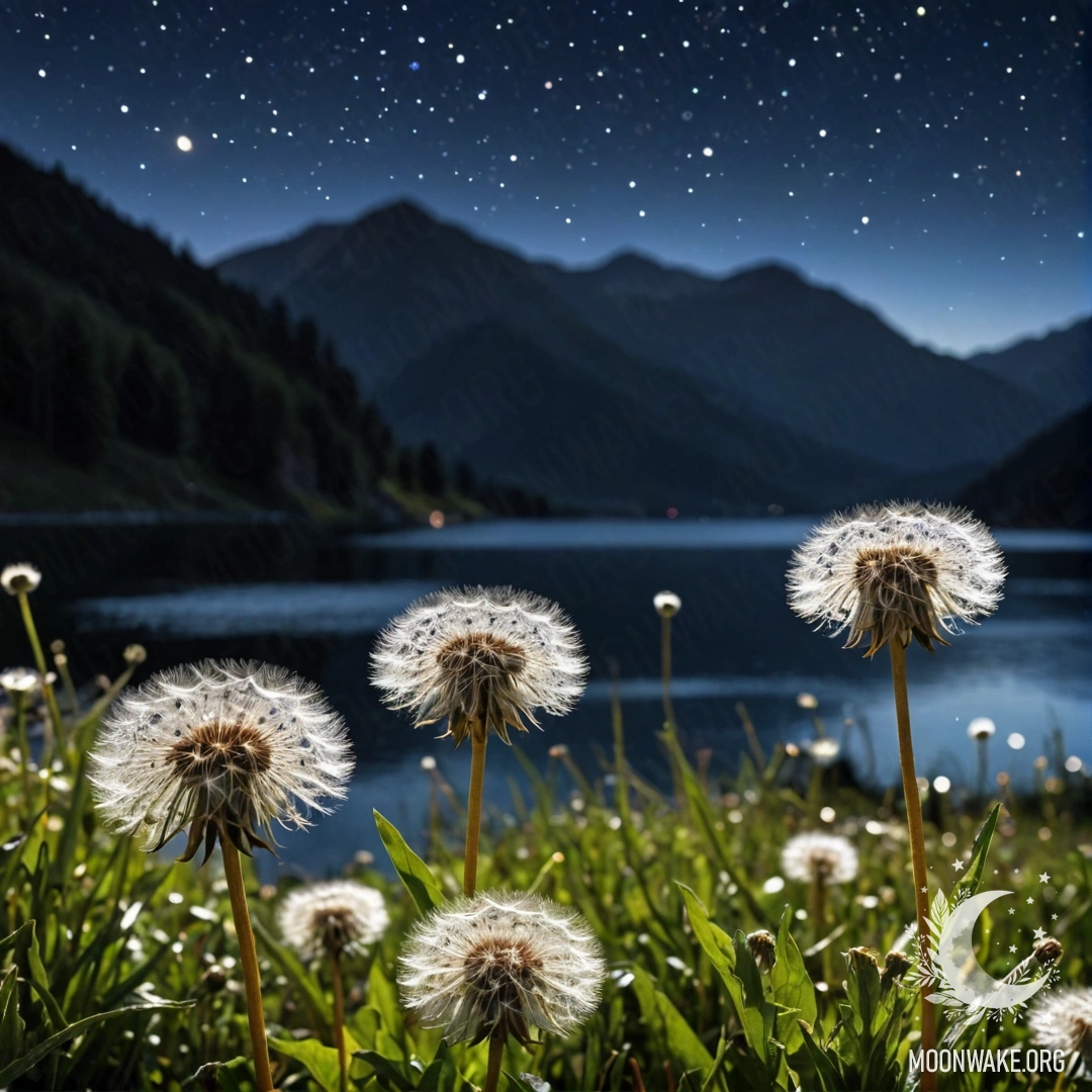 Close-up of dandelions in a field with a blurred mountain lake in the background at night.