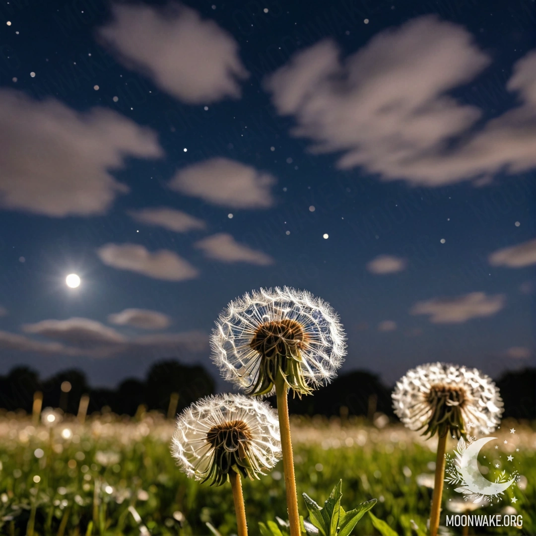 Close-up of dandelions in a peaceful field under a bokeh night sky with clouds.