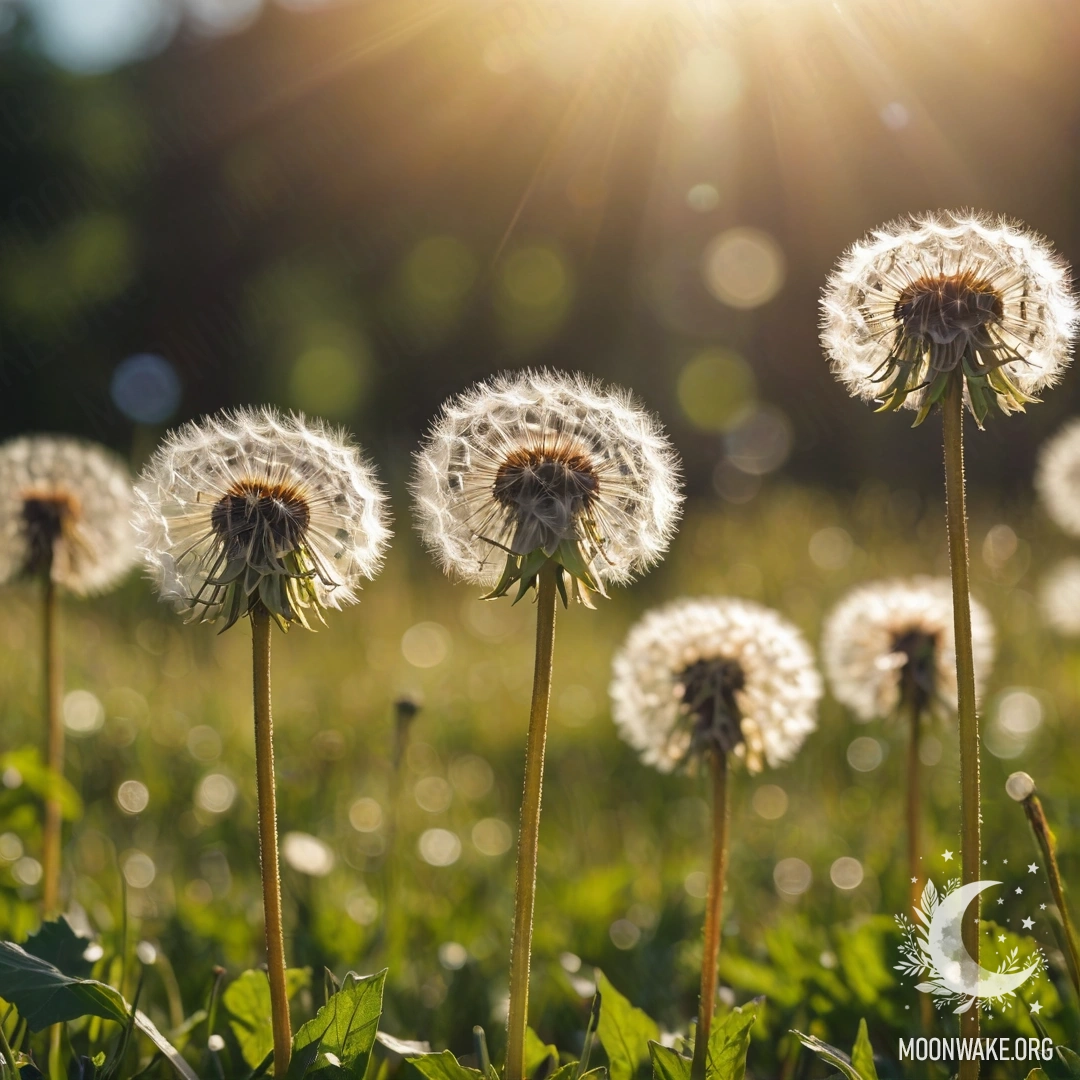 Dandelions in a Peaceful Field Close-up of dandelions against a backdrop of bokeh flowers and lens flares.