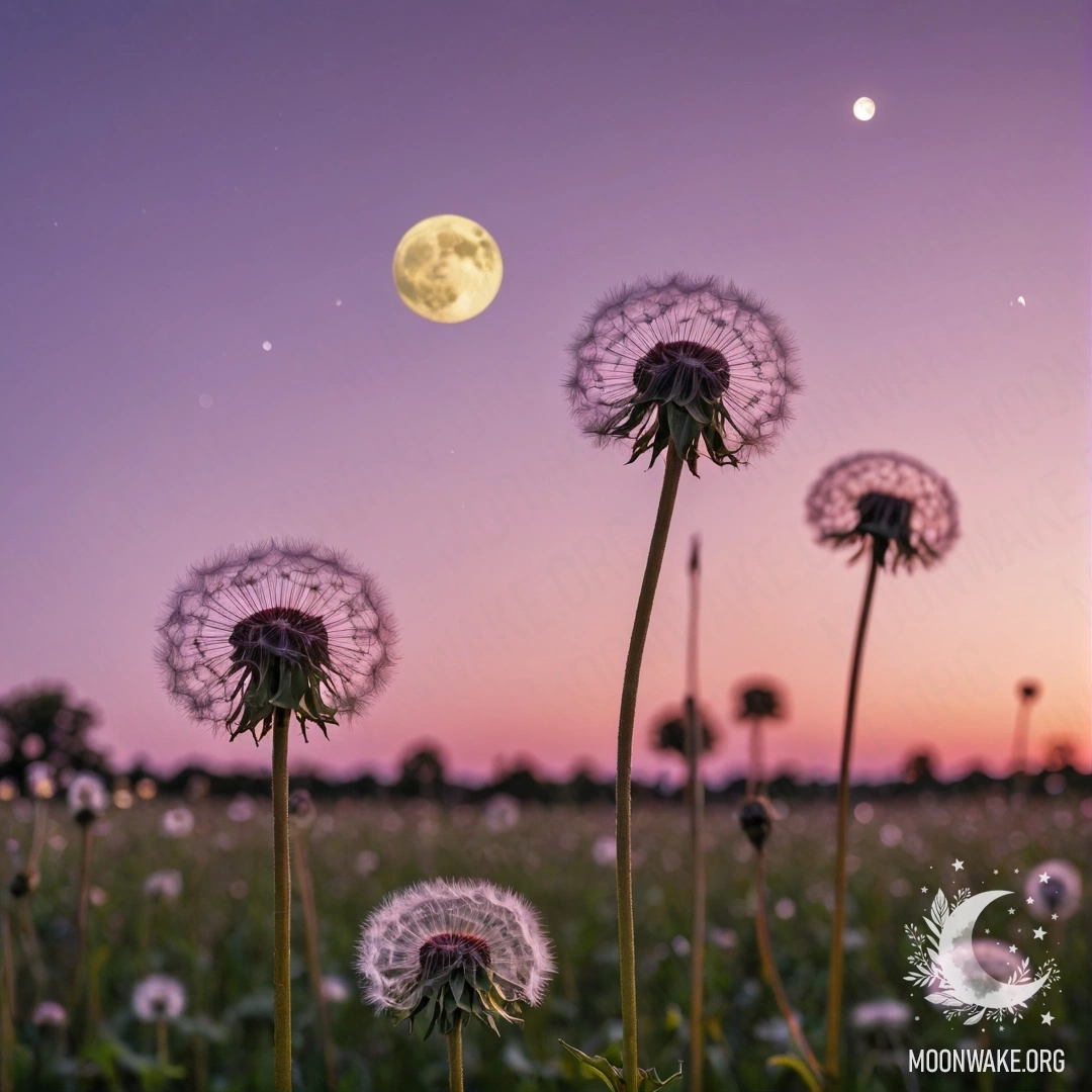 Close-up of dandelions in a field against a pink-violet sky with the moon at sunset.