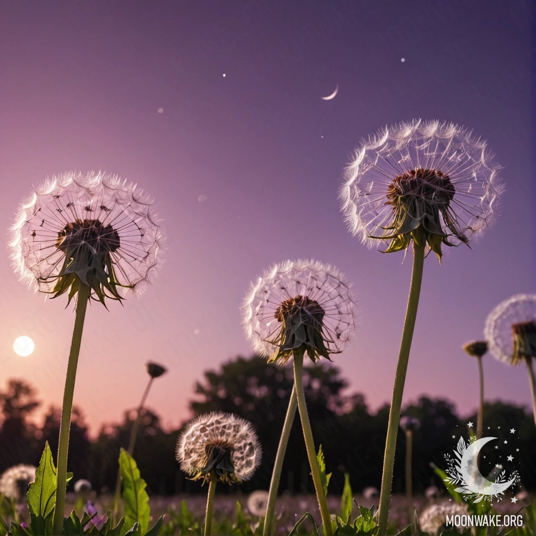 Dandelions Under a Violet Sky Close-up view of dandelions in a field against a pink violet sky with the moon.