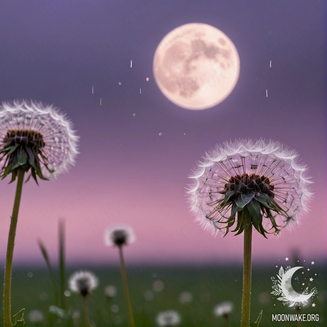 Close-up of dandelions in a field under a pink violet sky with the moon.
