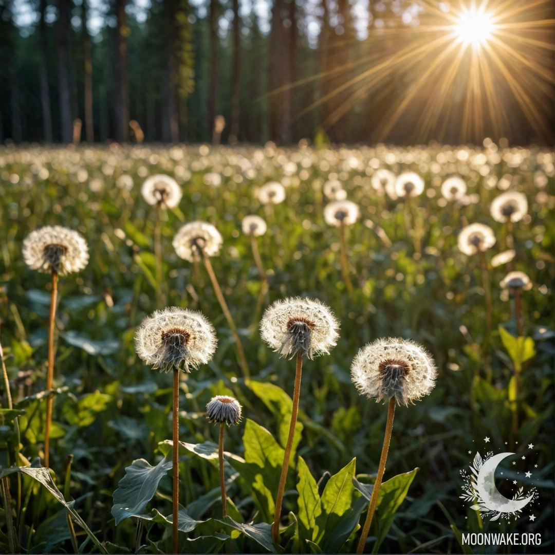 Dandelions in a Romantic Forest at Night Close-up of dandelions in a forest with bokeh and sun rays at night.