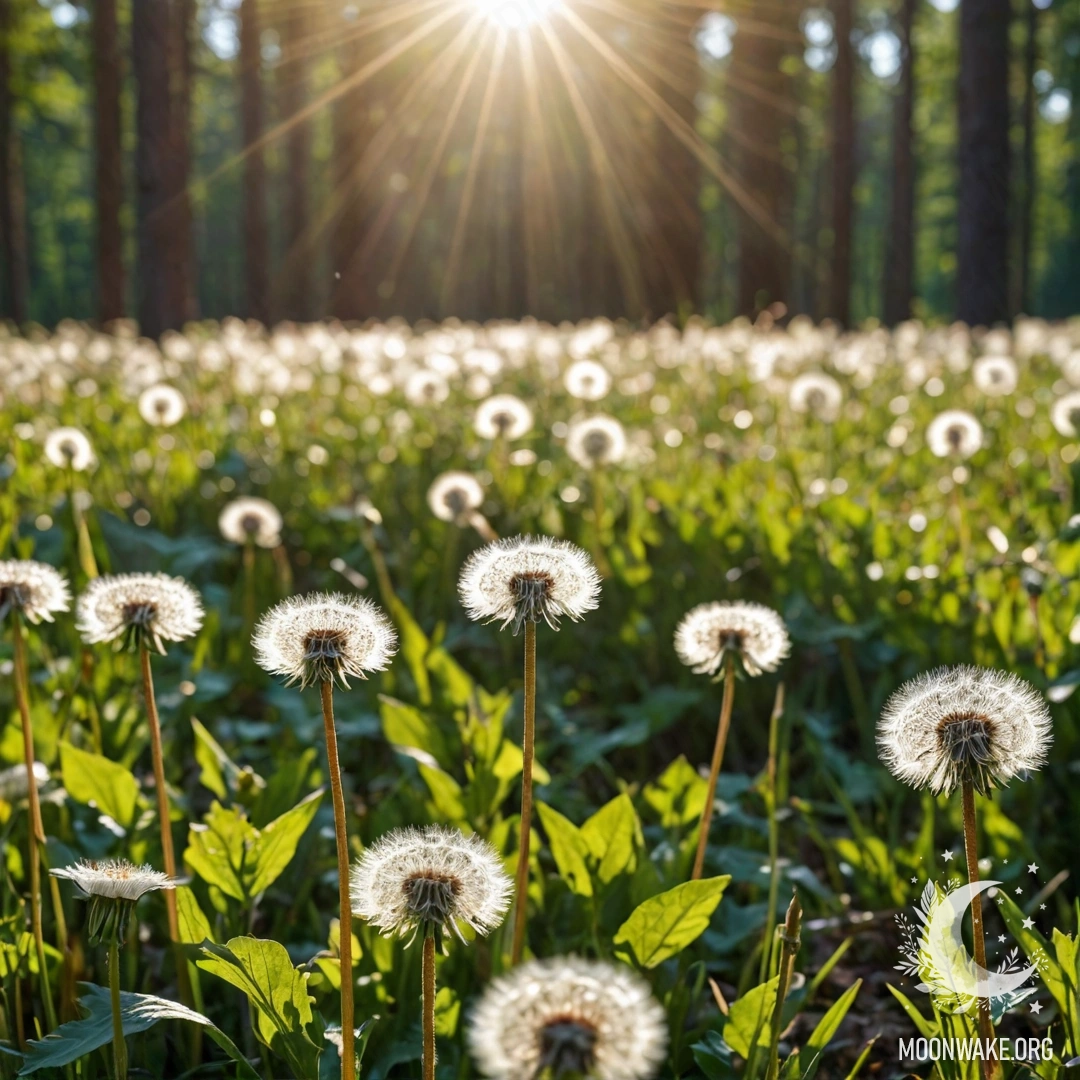 Dandelions in a Serene Meadow with Sun Rays Close-up of dandelions in a peaceful field with a bokeh forest in the background, illuminated by sun rays.