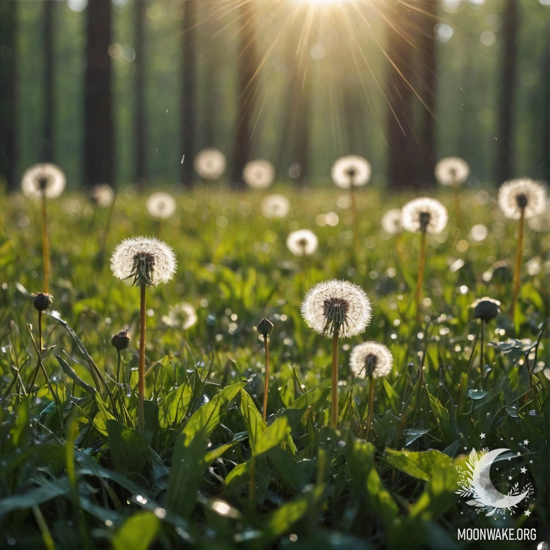 Dandelions in a Sunlit Field A close-up of dandelions in a peaceful field with blurred forest background and sun rays under rain.