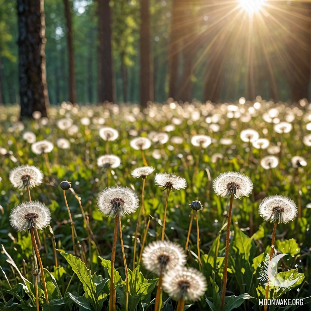 A close-up view of delicate dandelions against a softly blurred forest background, illuminated by gentle sun rays.