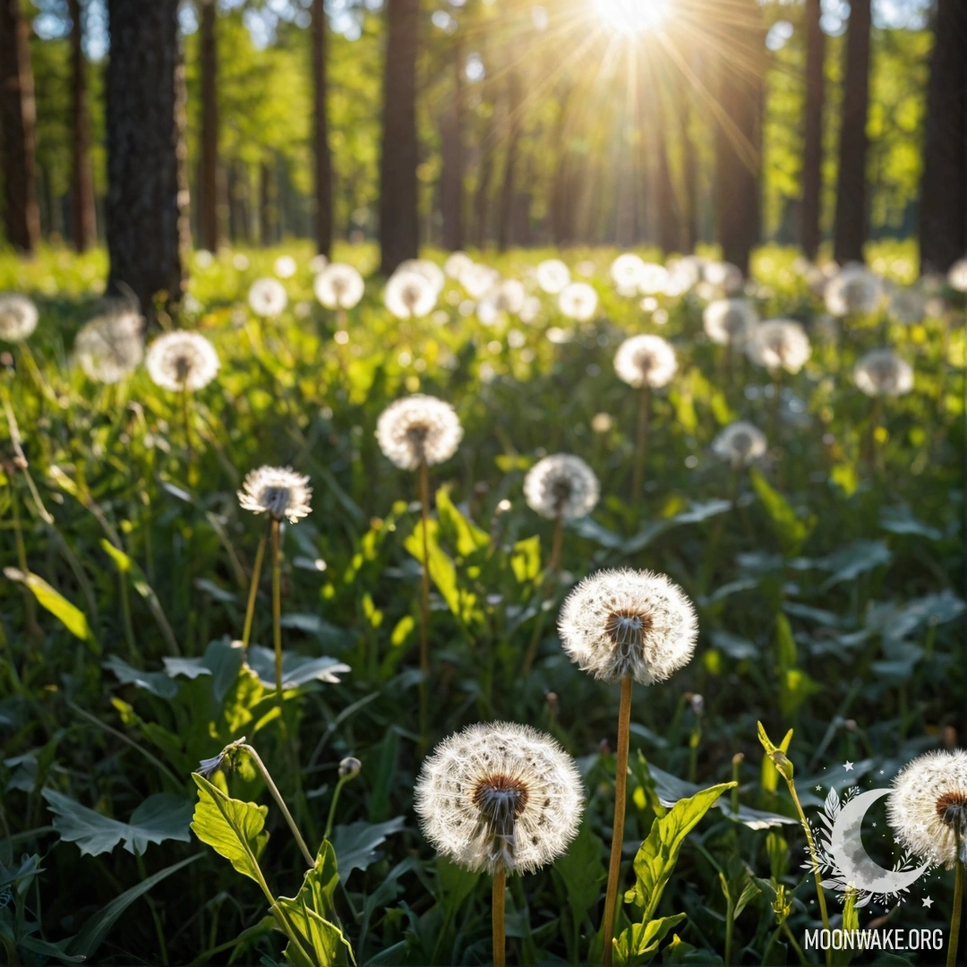 Close-up of dandelions in a calm field with blurred forest background and sun rays.