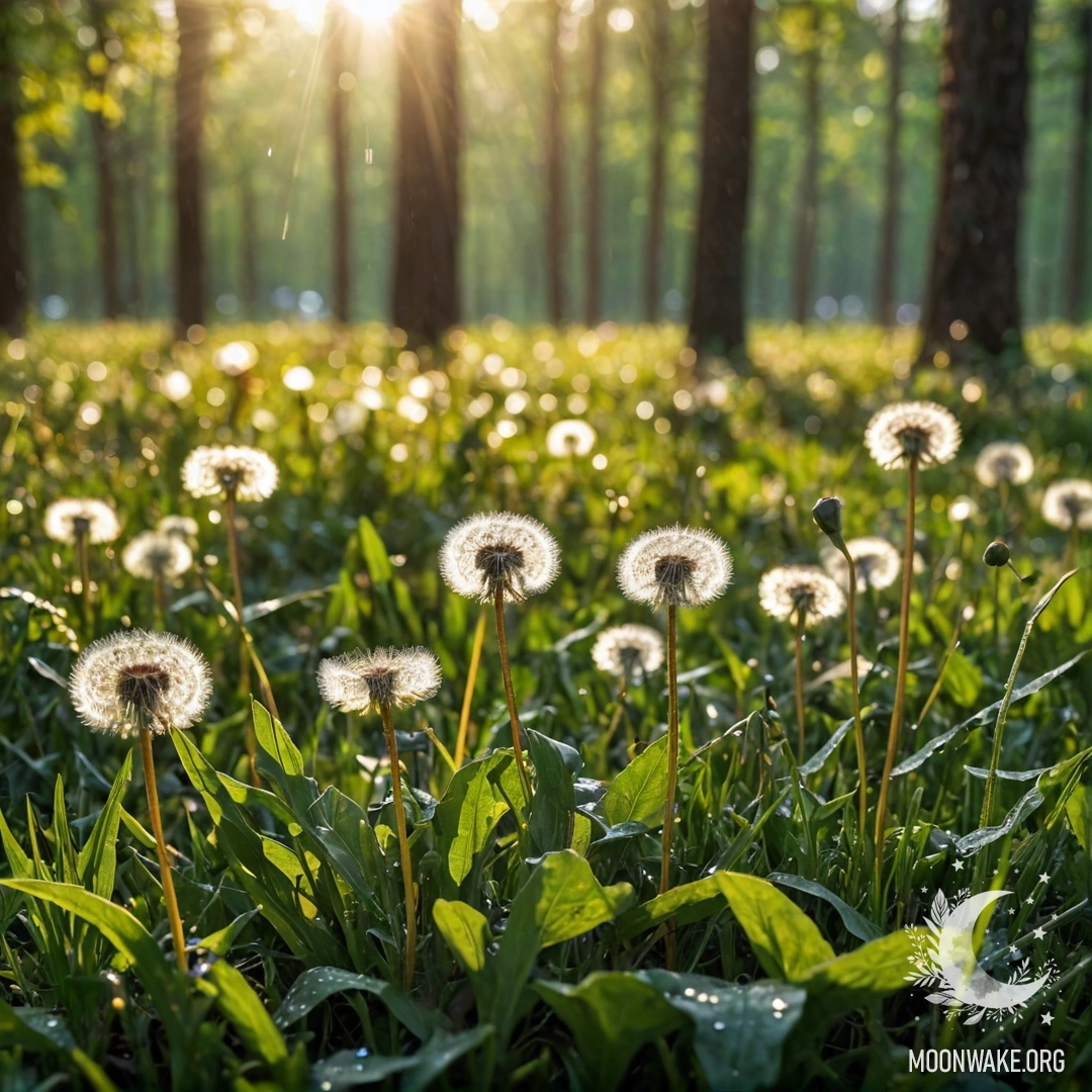 A close-up of dandelions in a field, with sunlight filtering through trees, creating a bokeh effect.