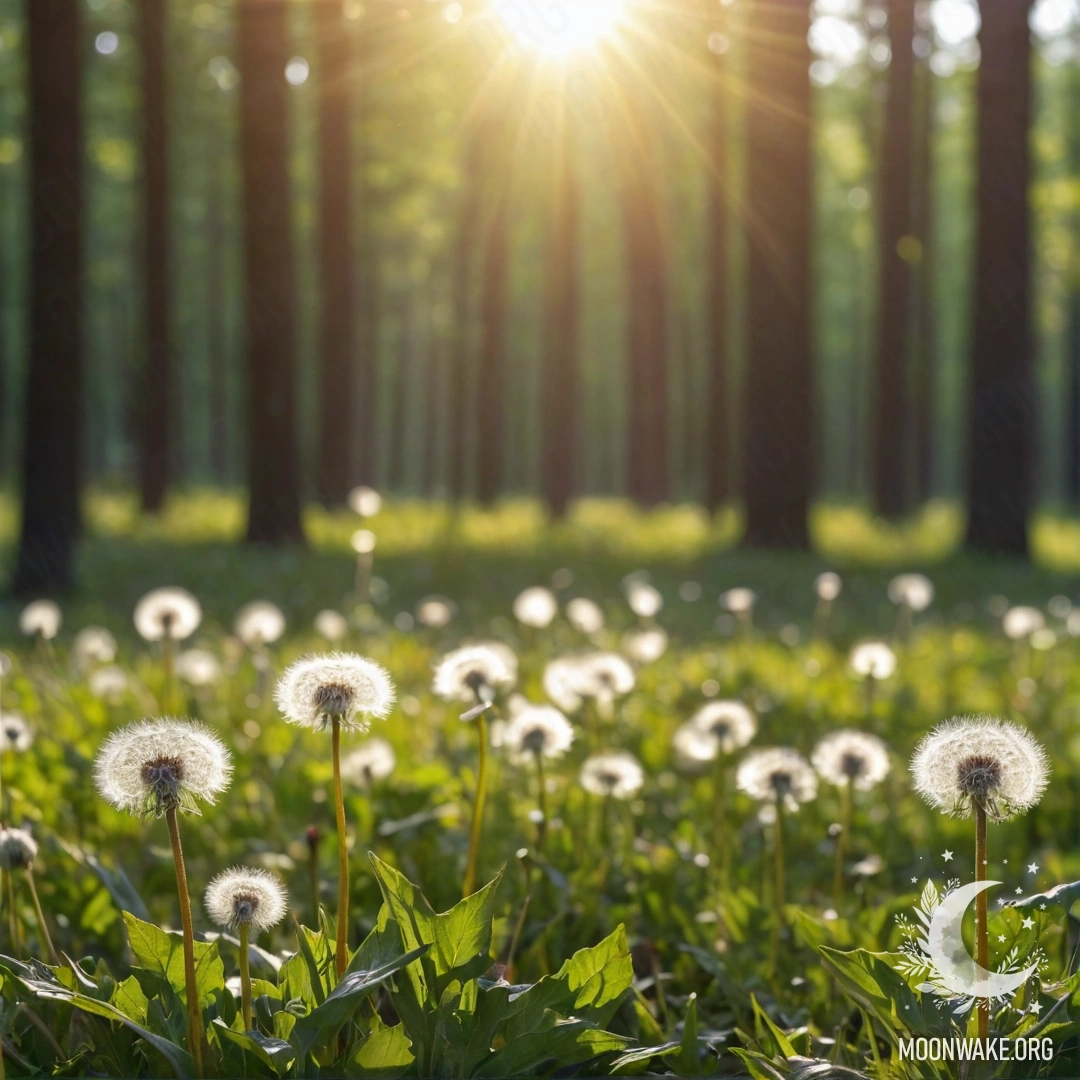 Close-up of dandelions in a sunlit forest, with blurred background.