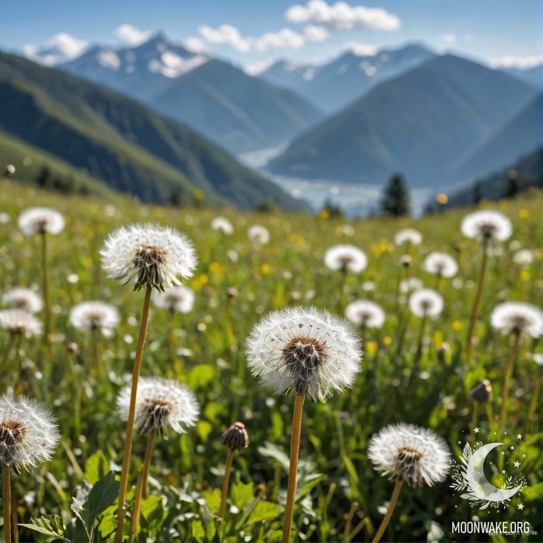 Close-up of dandelions in a field with a blurred mountain backdrop.