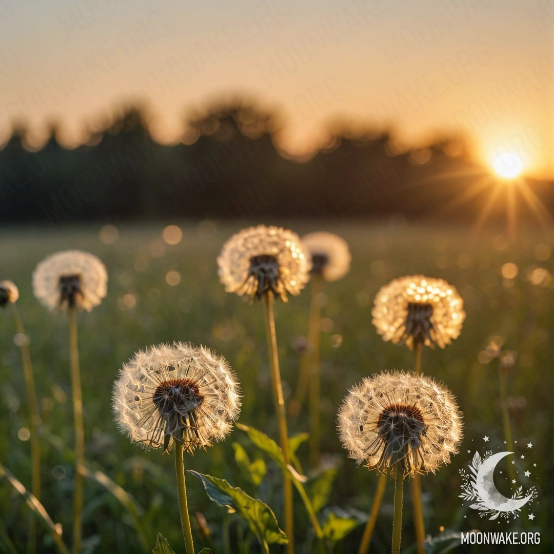 Close-up of dandelions in a field with a blurred sunset background.