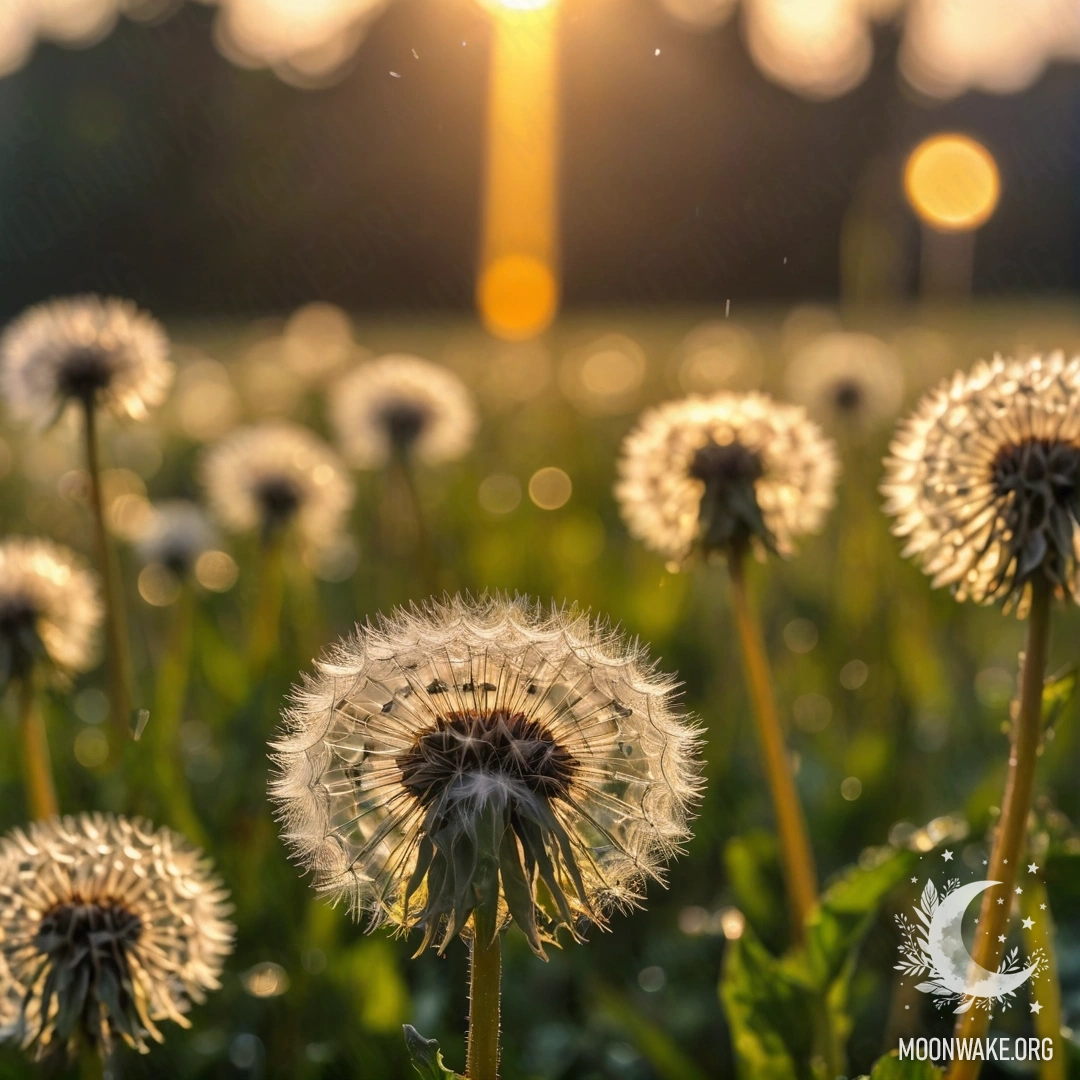 Dandelions in Rain at Sunset A close-up view of dandelions in a beautiful field, blurred sunset lights in the background, raindrops falling delicately.