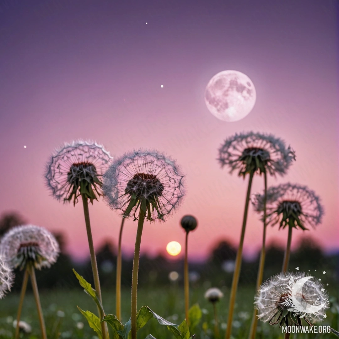 A close-up of dandelions in a field against a pink violet sky and the moon.
