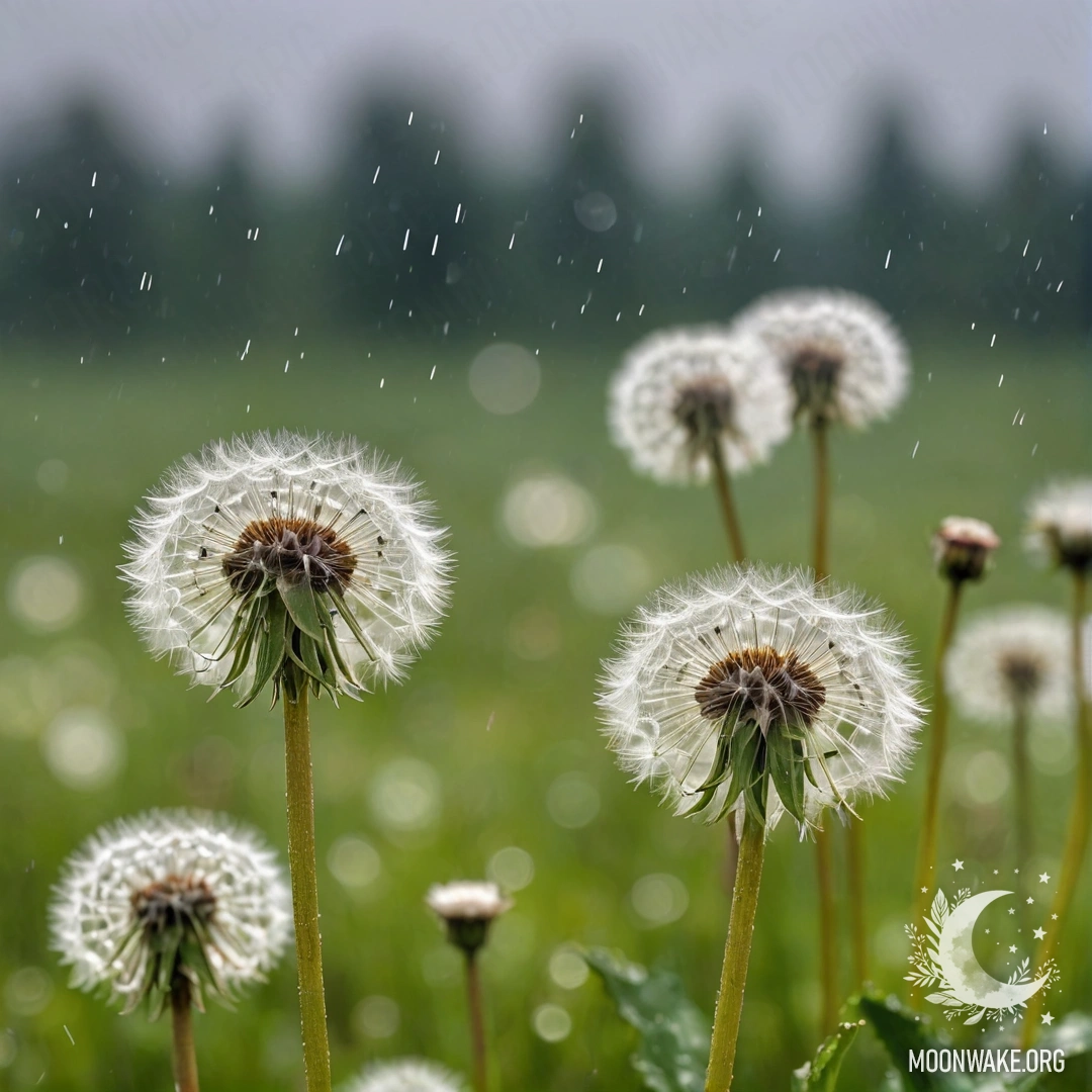 Dandelions Under the Rain Close-up of dandelions in a beautiful field against a blurred bokeh sky, with raindrops falling.