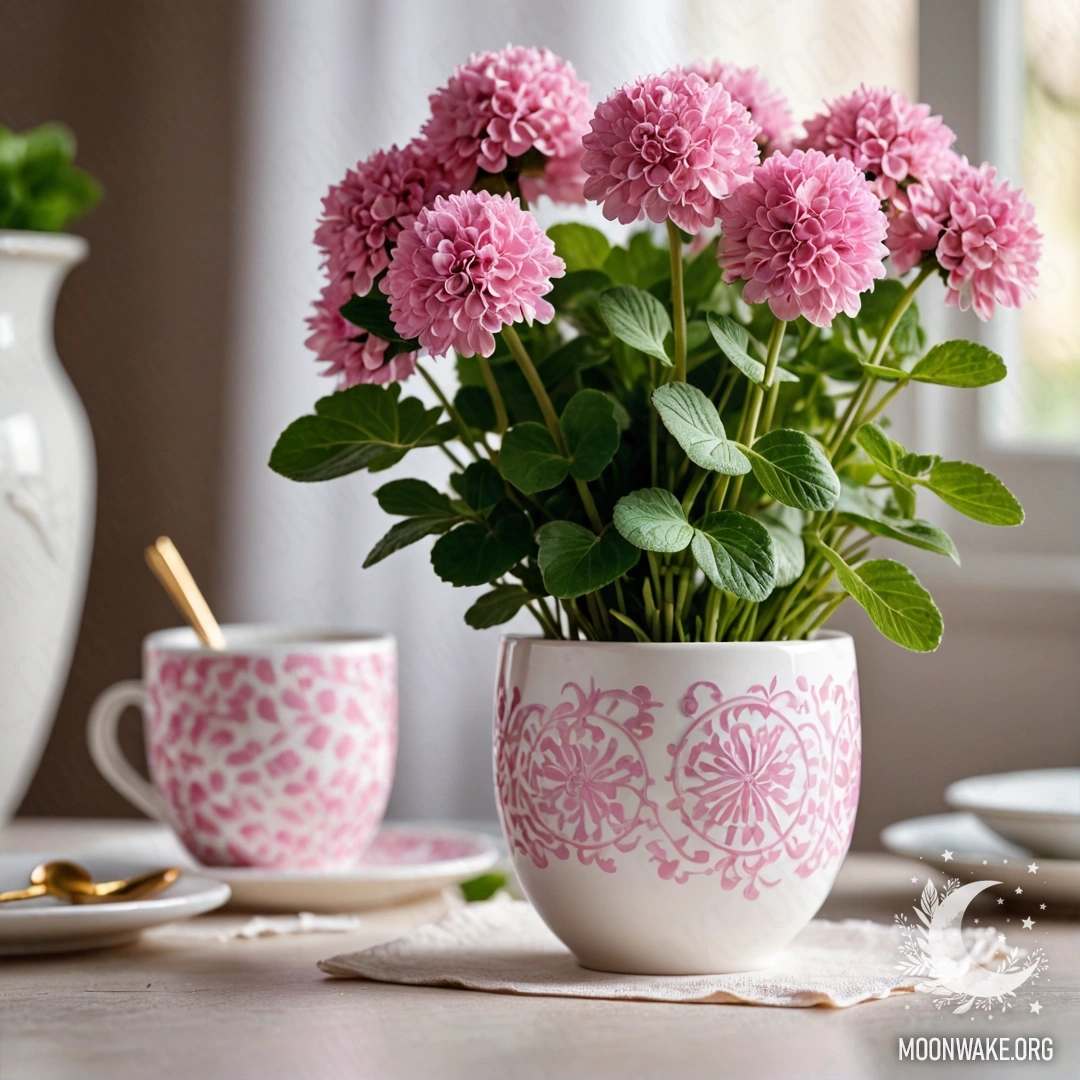 A round straw napkin with white porcelain cups adorned with pink patterns, and a clover in a white vase illuminated by fairy lights.