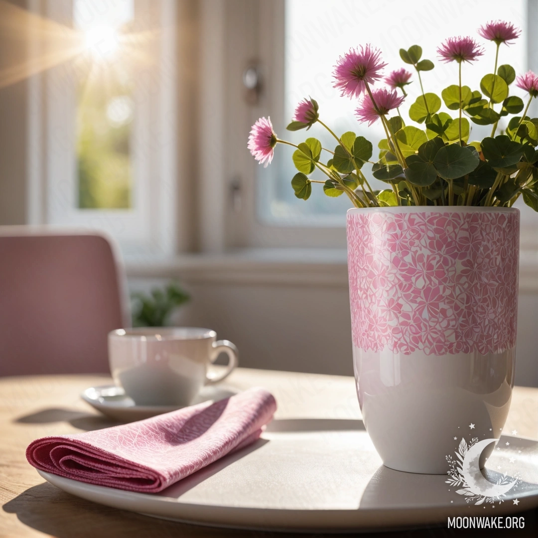 A round straw napkin with white porcelain cups featuring a pink pattern, a white vase holding clover, illuminated by sun rays.