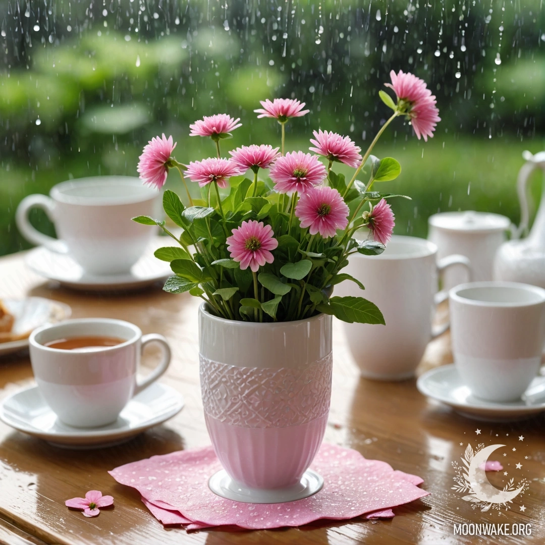 Delicate Afternoon Tea A round straw napkin with white porcelain cups and a clover in a vase under the rain.