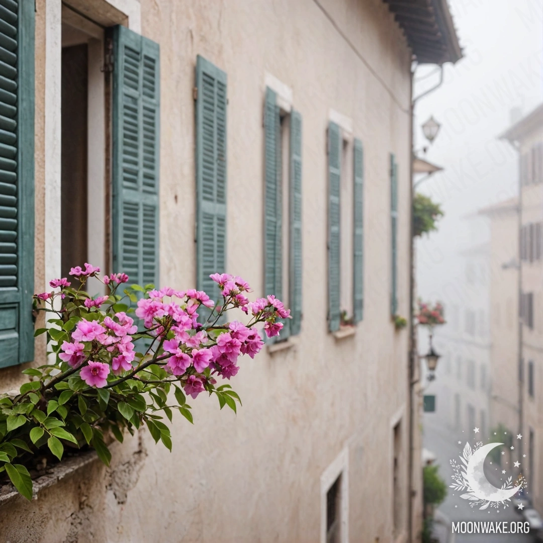 A branch with pink flowers against a white wall with windows and shutters of an Italian house in a heavy fog.