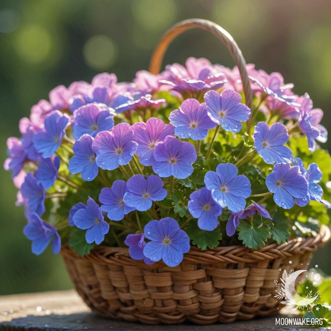 Delicate Blue Geranium in Rays of Sunshine A close-up of a blue geranium with dew drops in a basket, illuminated by sunlight.
