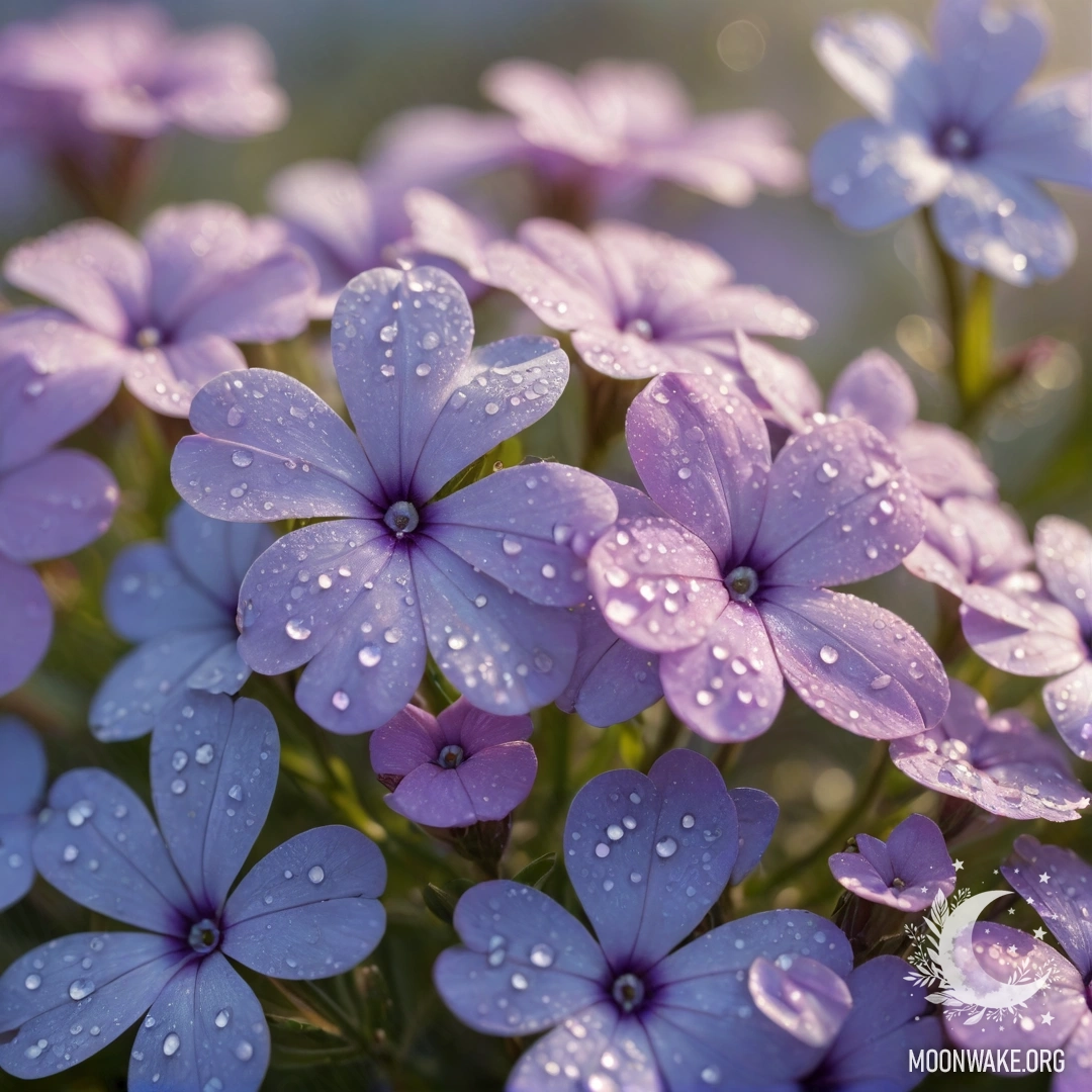 Delicate Blue Phlox with Dewdrops A close-up of blue phlox flowers adorned with dewdrops and sunlight.