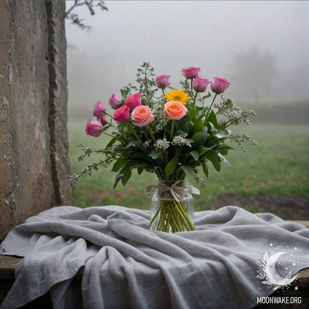 A chair with a blanket and a bouquet of flowers on it against a shabby wall in dense fog.