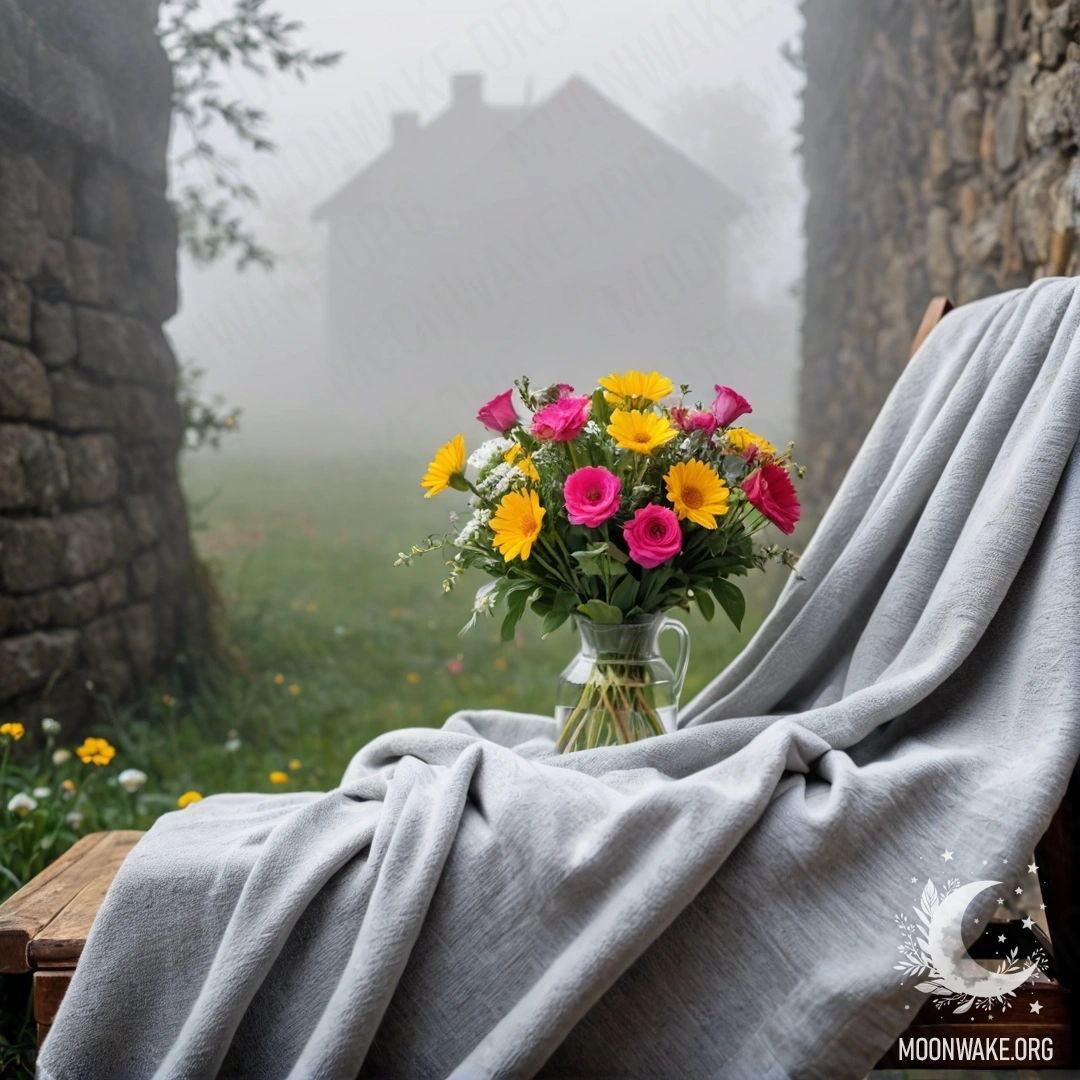 A cozy chair against a shabby wall, draped with a blanket, featuring a bouquet of flowers atop it, shrouded in dense fog.