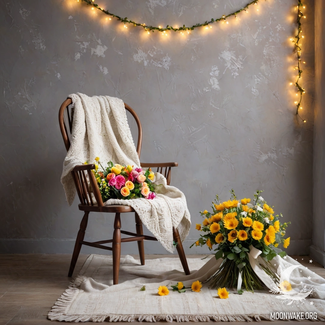 A chair with a blanket and a bouquet of flowers illuminated by garland lights against a shabby wall.