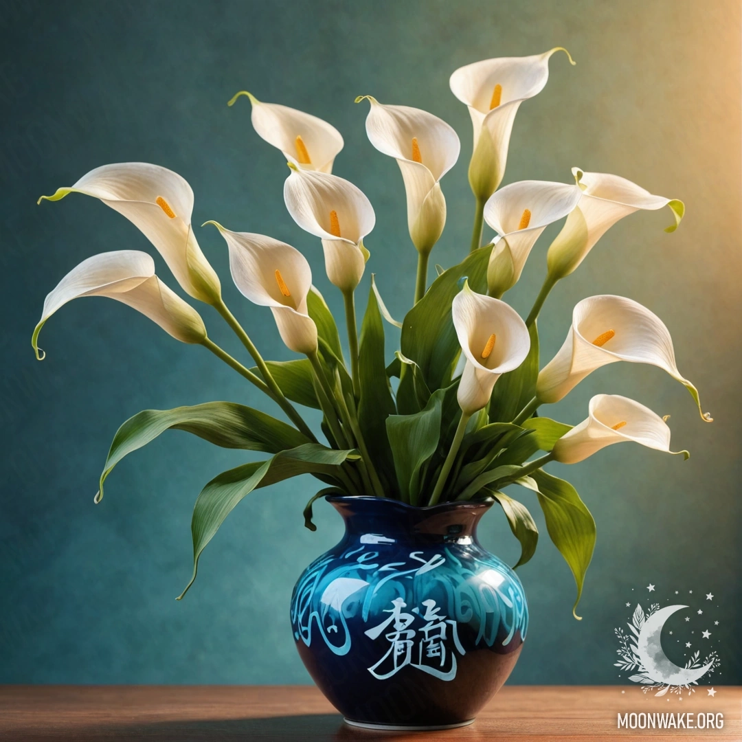 Delicate Calla Lilies at Sunset A vase with sweet calla lilies in greenish-blue color, bathed in sunset light.