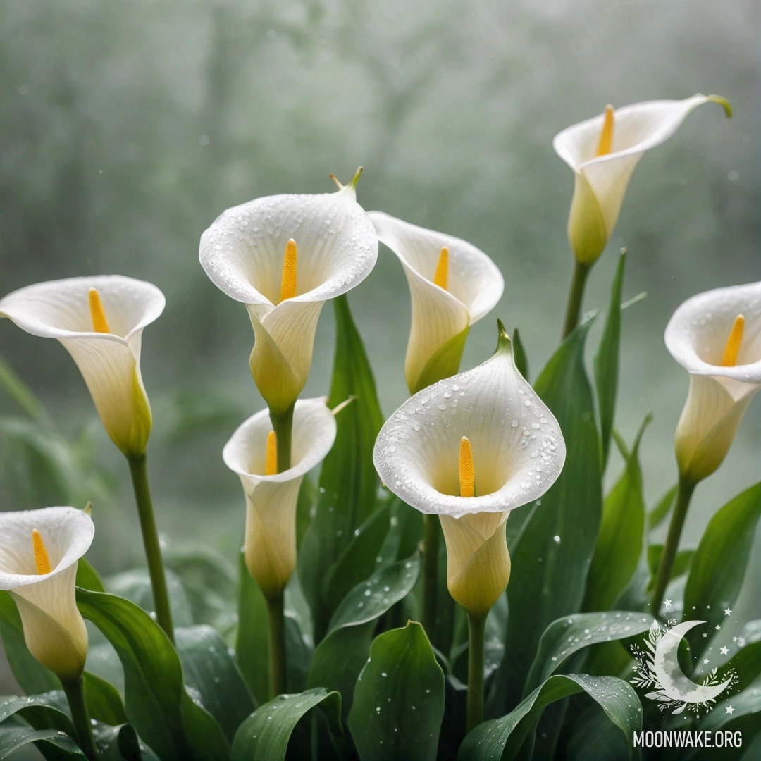 Delicate Calla Lilies in Fog A soft bouquet of calla lilies enveloped in fog with glitter, in sage color.