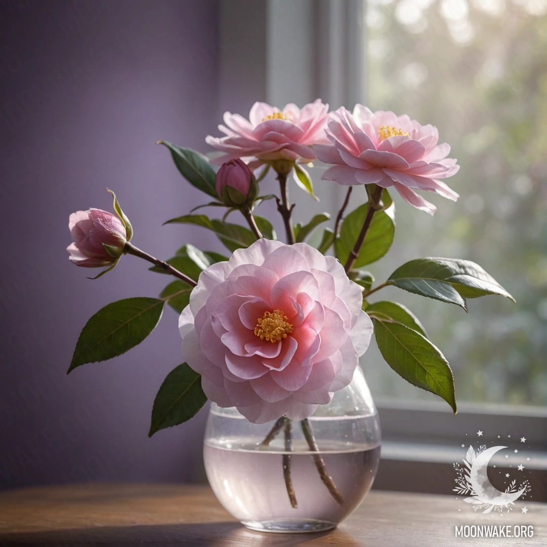 A soft lavender camellia in a vase surrounded by mist and sunlight.