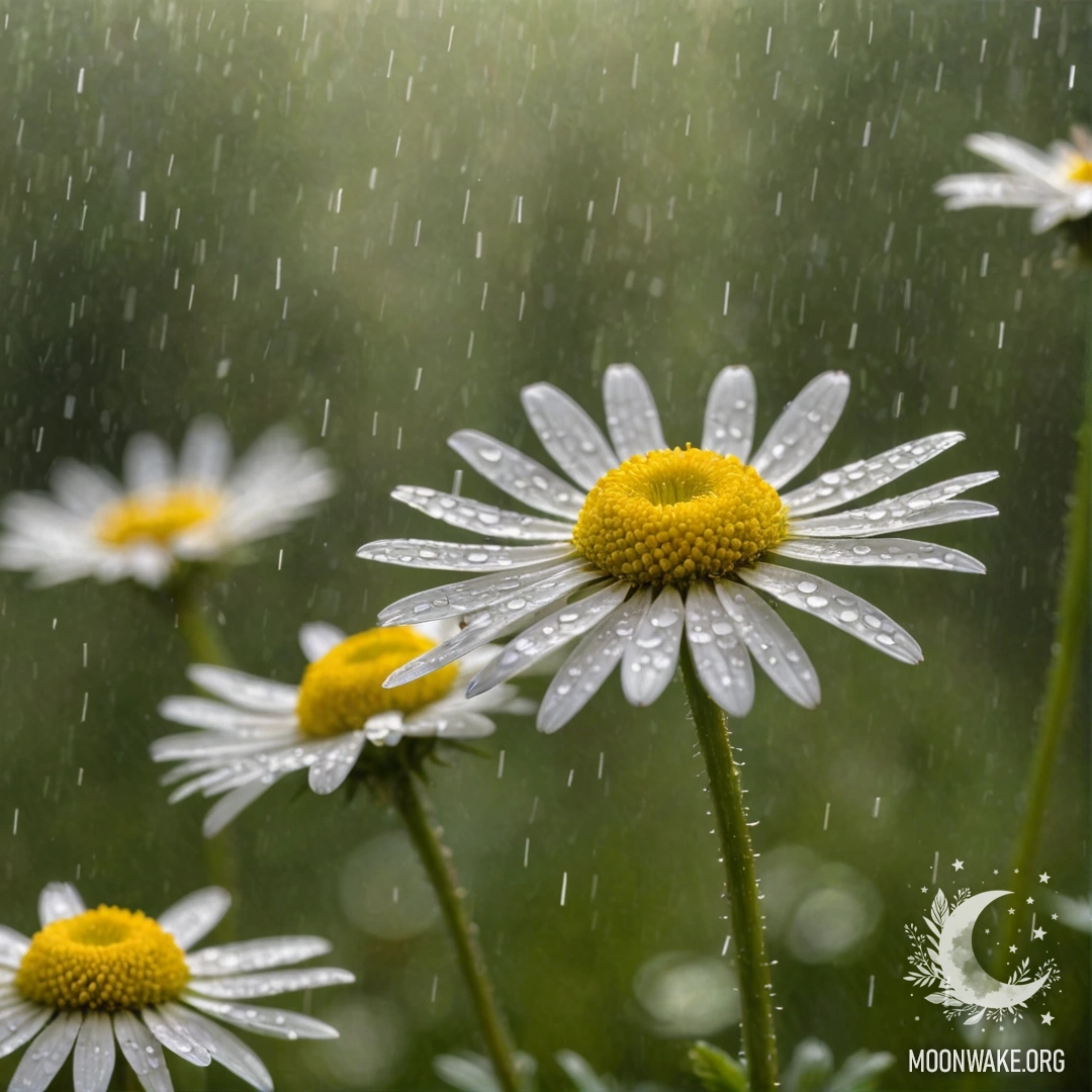 Delicate Chamomile in the Rain A close-up of sweet chamomile flowers glistening in the rain with sunlight filtering through.