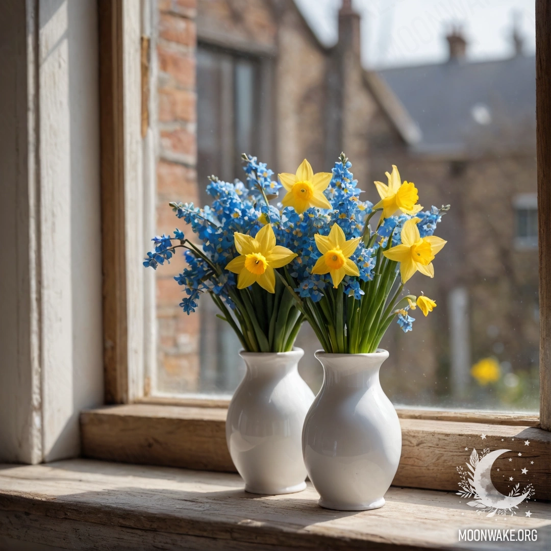 A photorealistic close-up of a white porcelain vase with daffodils and forget-me-nots on an old shabby wooden window sill.