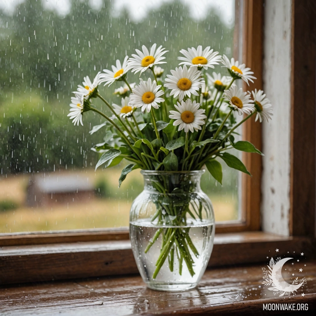 A glass vase filled with daisies resting on a vintage wooden windowsill, with raindrops falling outside.