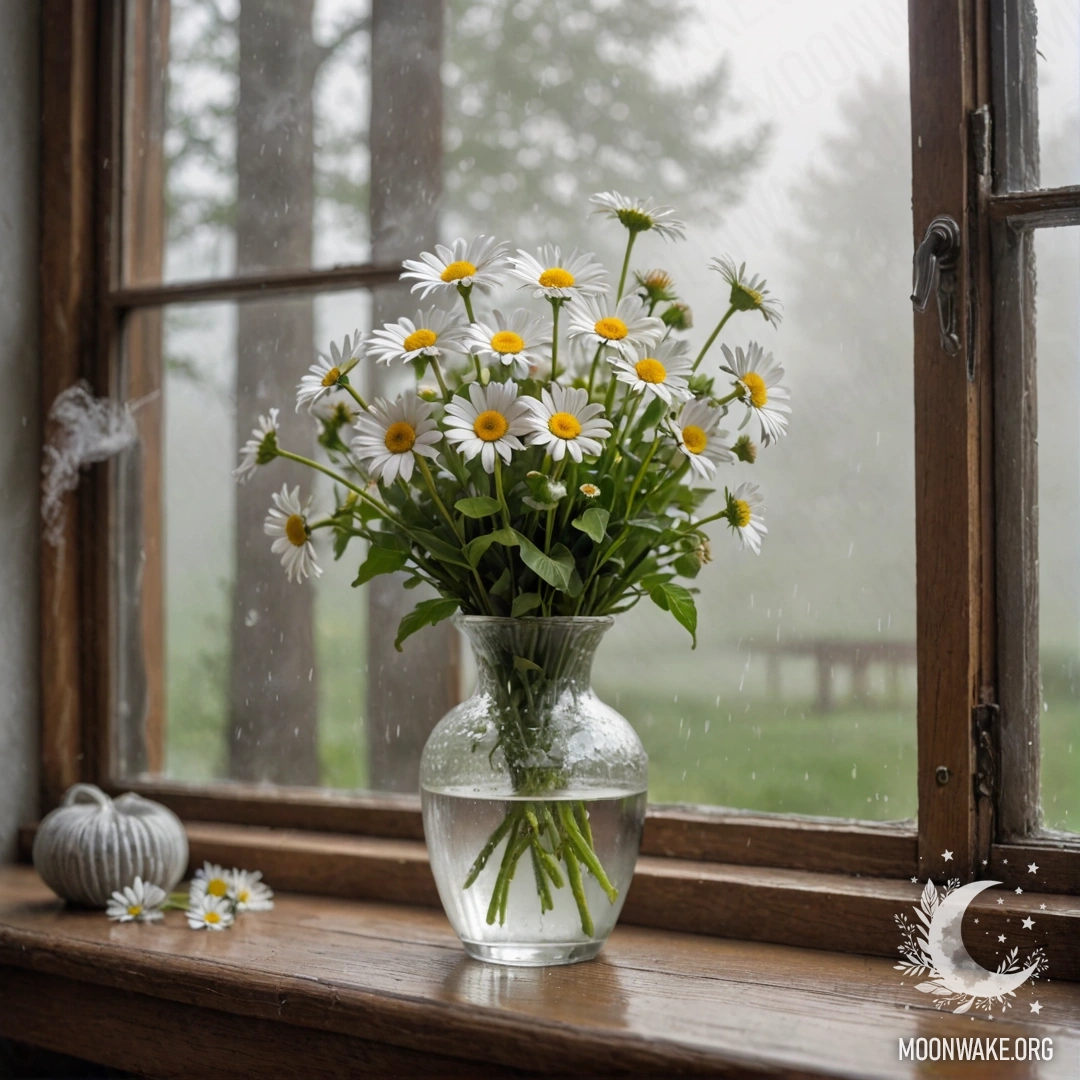 Delicate Daisies on a Vintage Windowsill A glass vase with daisies placed on a wooden vintage windowsill in a foggy setting.