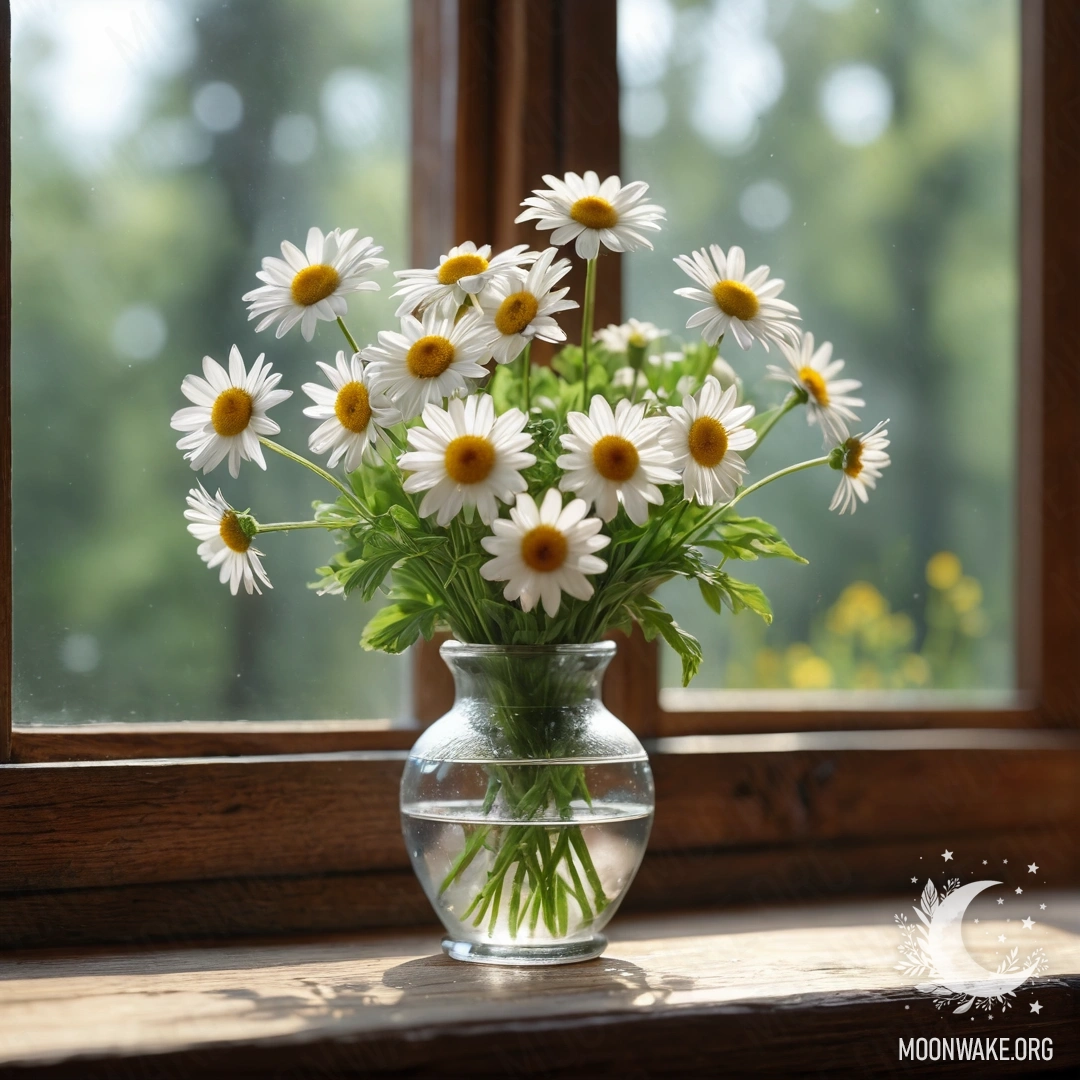 A glass vase with daisies placed on a wooden vintage windowsill.