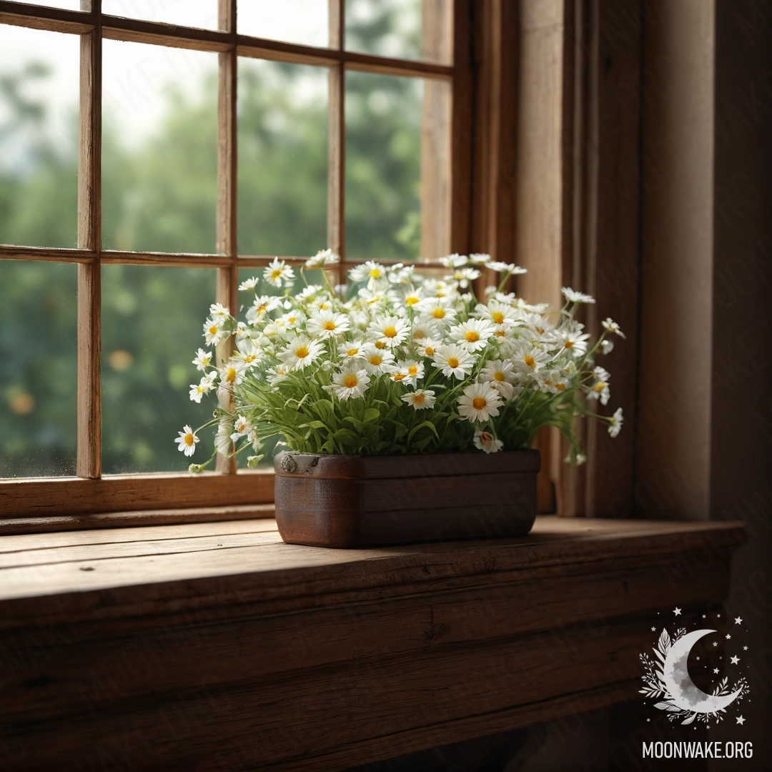 A glass vase with daisies on a wooden vintage windowsill, illuminated by garland lights.