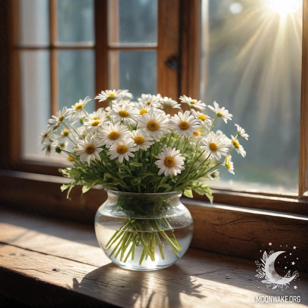 A glass vase filled with daisies, resting on a vintage wooden windowsill, illuminated by sun rays.