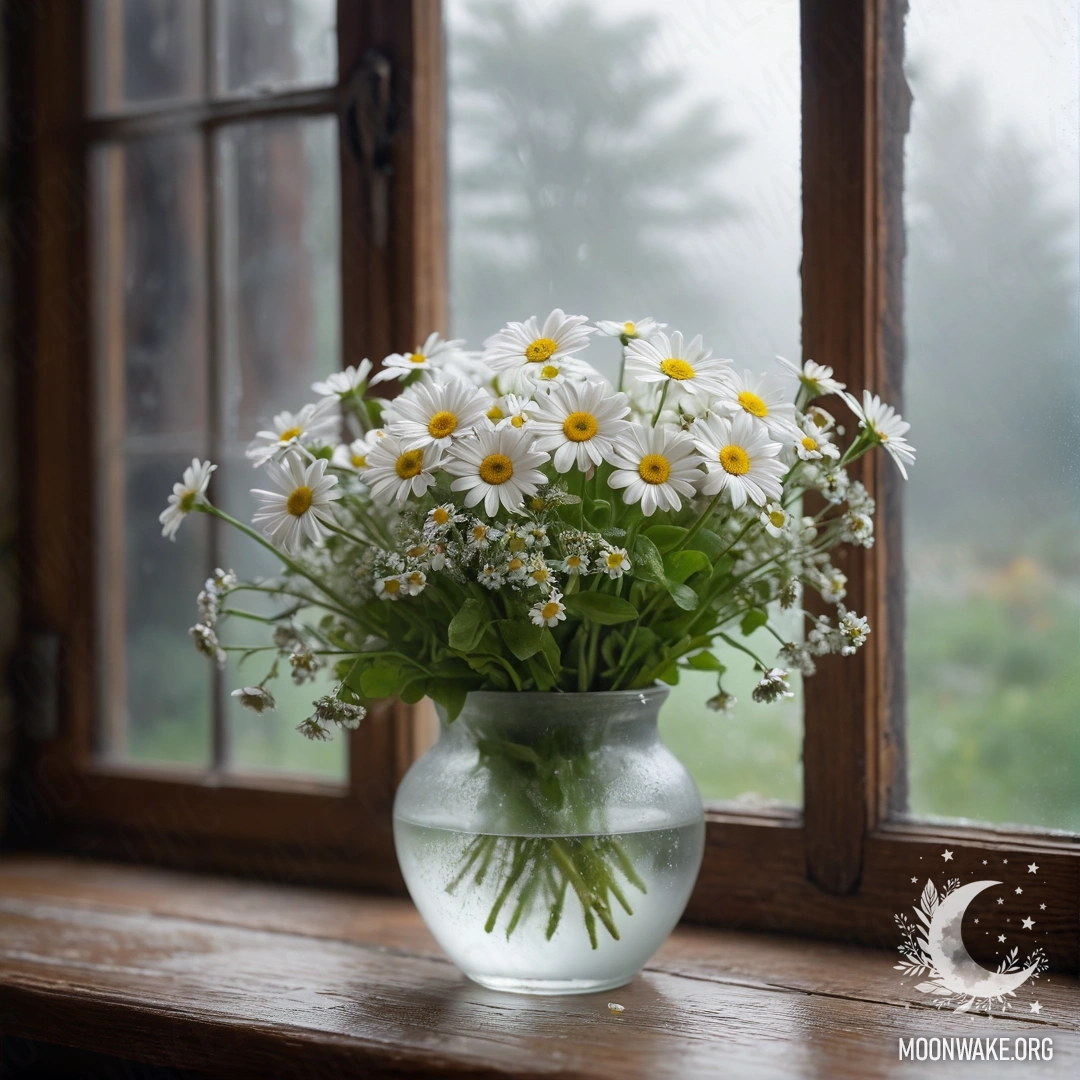 A glass vase filled with daisies placed on a wooden windowsill in fog.
