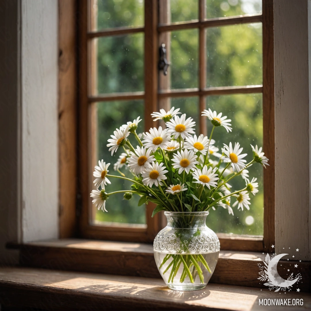 A glass vase containing daisies on a vintage wooden windowsill.