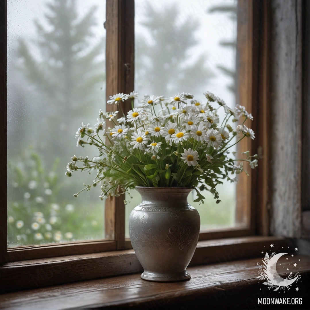 A glass vase filled with daisies placed on a vintage wooden windowsill surrounded by dense mist.