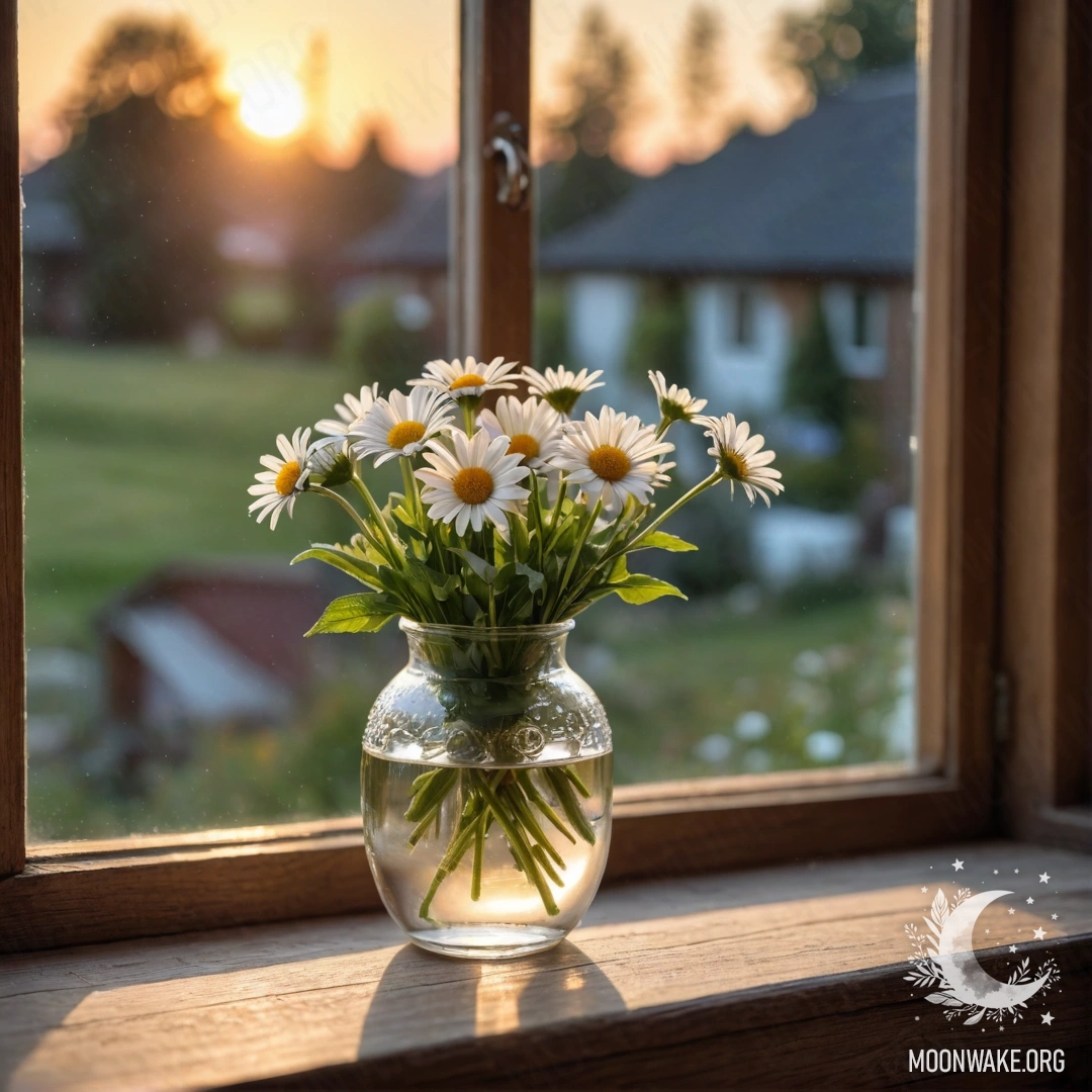 A glass vase filled with daisies placed on a wooden windowsill at sunset.
