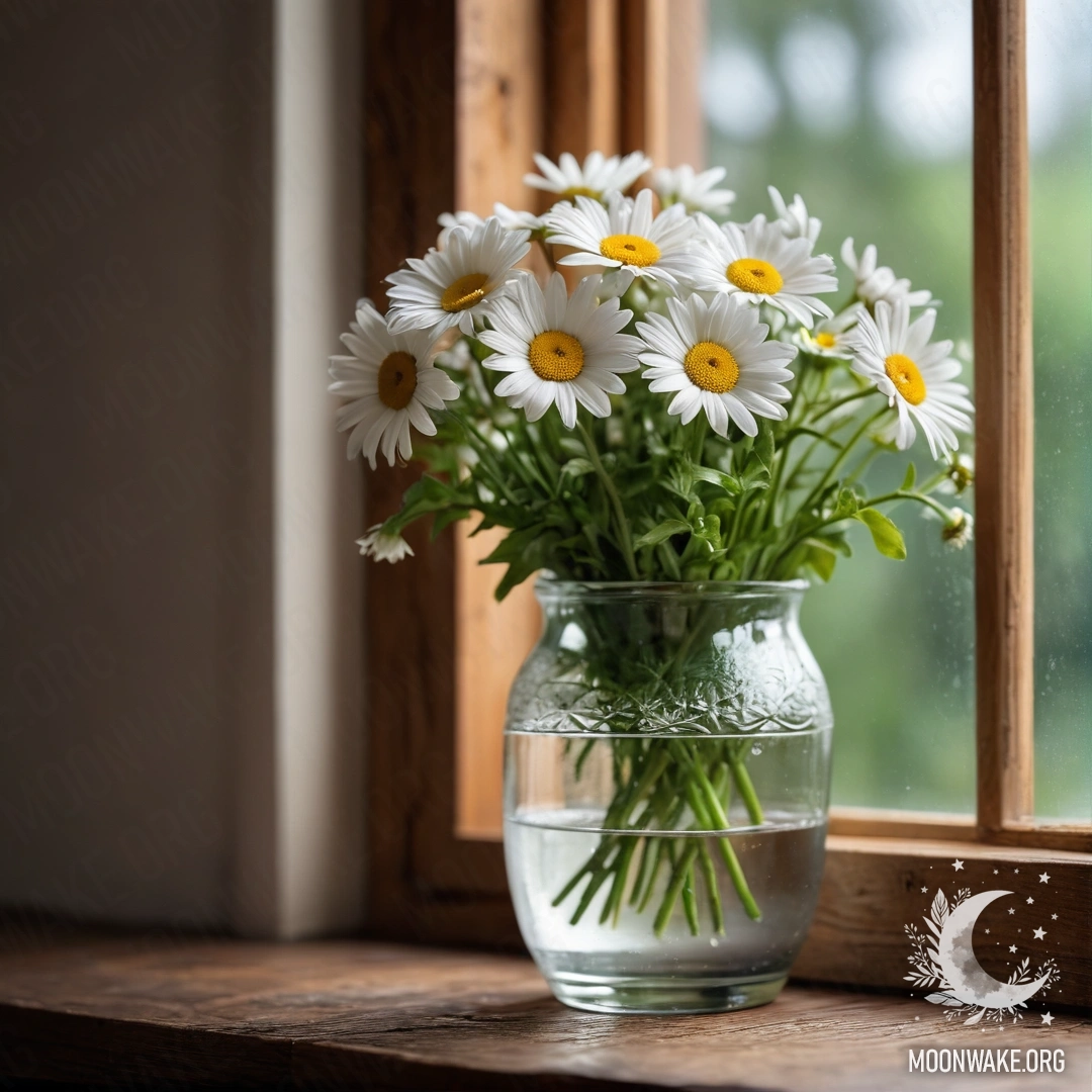 A glass vase with daisies sitting on a wooden vintage windowsill.