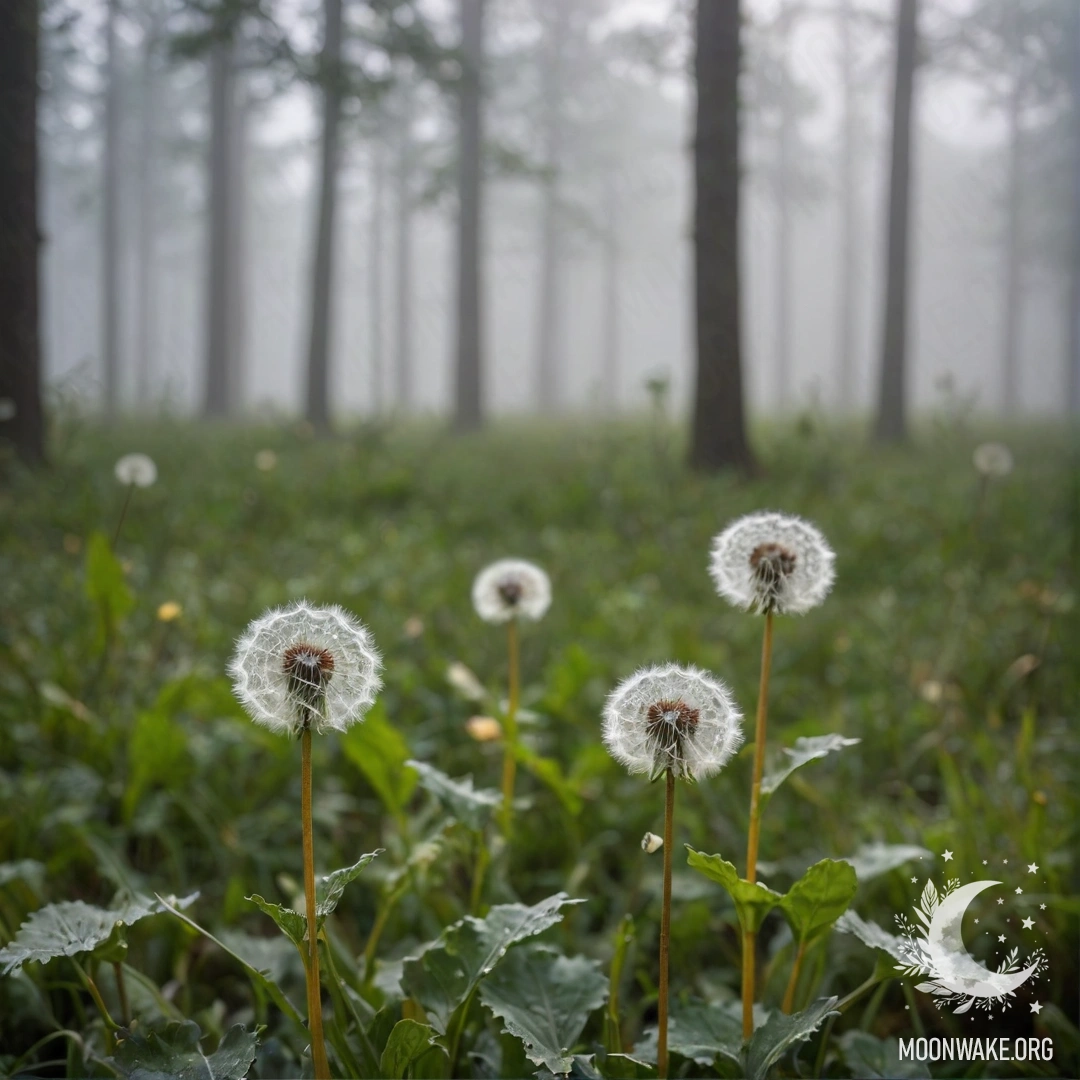 Close-up of dandelions in a misty forest with bokeh effect.