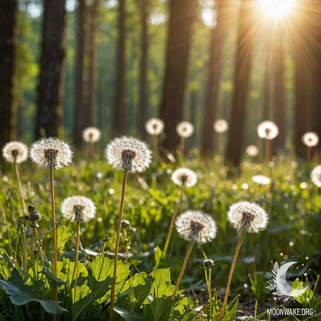 Close-up of dandelions with blurred forest background and sunlight.