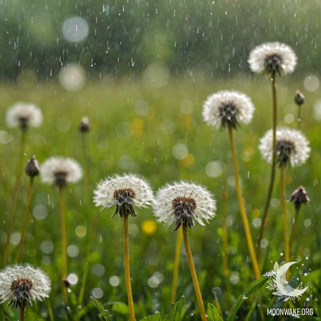 Close-up of dandelions in a calm field with blurred flowers in the background, rain creating a serene atmosphere.