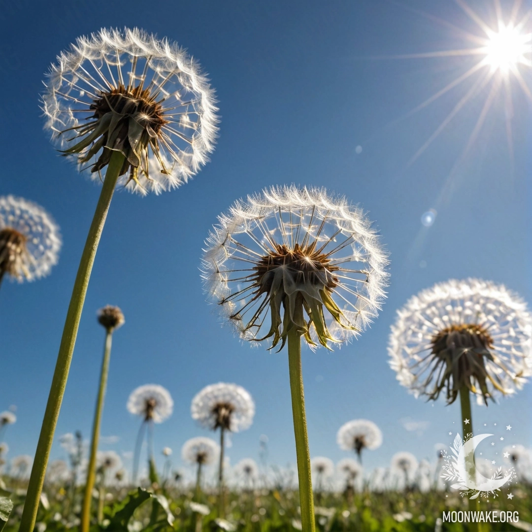 Close-up of dandelions against a blurred bokeh sky on a sunny day.