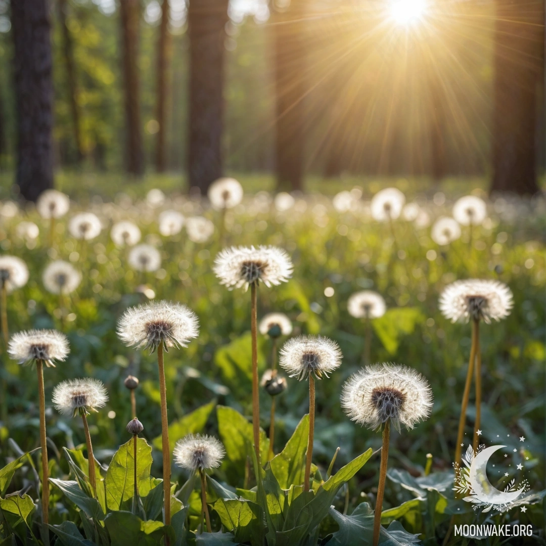 Delicate Dandelions in Sunlit Forest Close-up of dandelions in a sunny forest with blurred background.