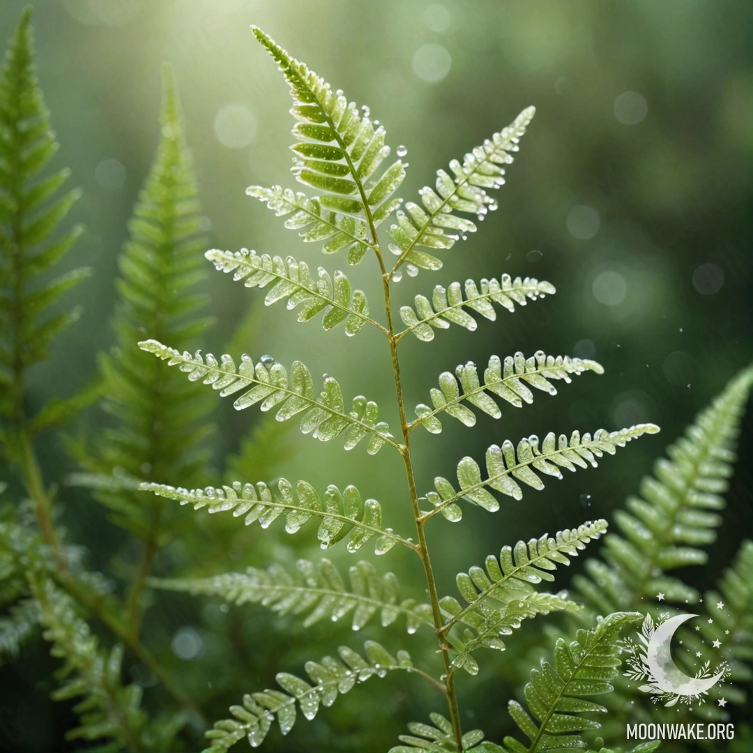 A soft green fern with dew drops on a pastel background.
