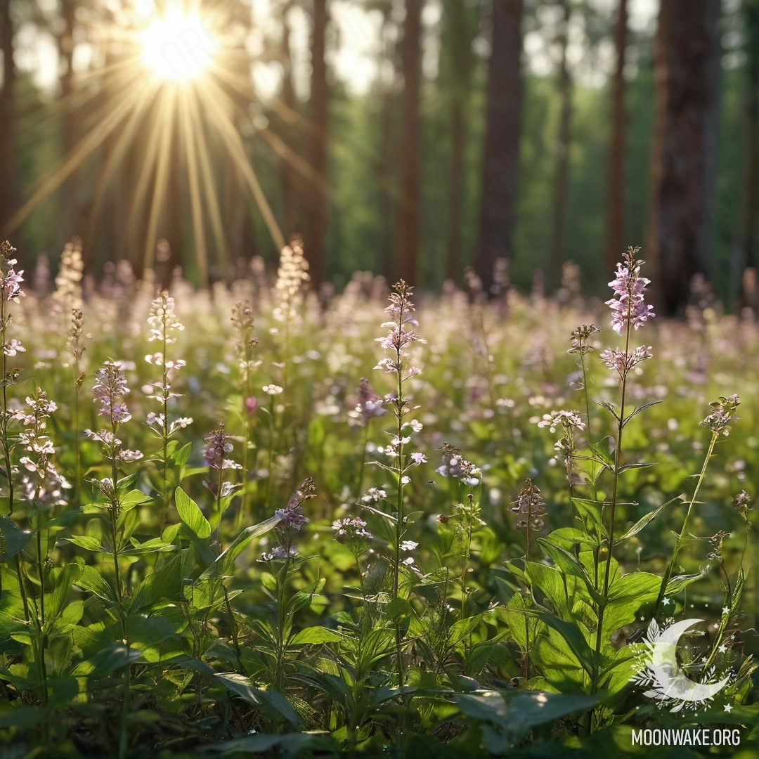 Delicate Field Flowers in Bokeh Close-up of delicate field flowers illuminated by sun rays and surrounded by a bokeh forest.