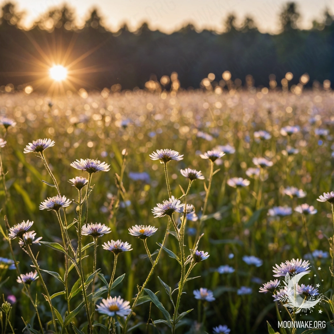 A close-up of delicate field flowers in front of a bokeh sky, with soft lens flares.